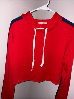 Heart Hips Red Cropped Hooded Sweatshirt with Navy Stripes
